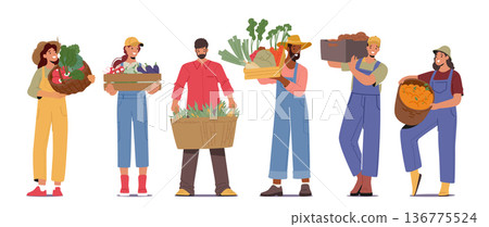 Farmer Characters Proudly Holding Baskets And Crates Brimming With The Bounty Of Their Harvest, Vector Illustration 136775524