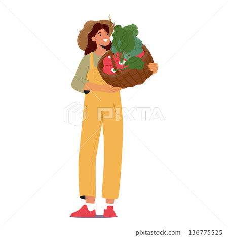 Farmer Female Character, Weathered By The Sun, Holds A Rustic Basket Brimming With Freshly Harvested Beetroots 136775525