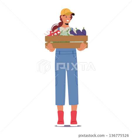 Diligent Farmer Female Character Proudly Holding A Wooden Crate Brimming With The Seasonal Bounty, Vector Diligent Farmer Female Character Proudly Holding A Wooden Crate Brimming With The Seasonal Bounty, Vector 136775526