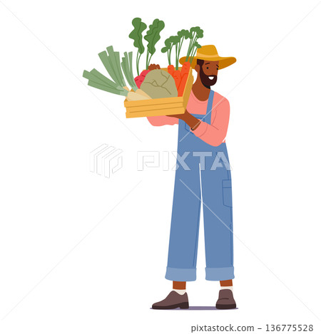 Diligent Farmer Male Character Proudly Cradles A Wooden Crate Brimming With Freshly Harvested, Vibrant Vegetables Diligent Farmer Male Character Proudly Cradles A Wooden Crate Brimming With Freshly Harvested, Vibrant Vegetables 136775528