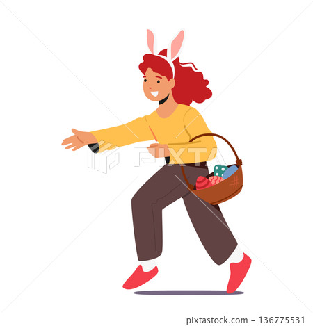 Joy and Fun Of Easter Festivities Concept. Cute Little Girl Character in Bunny Ears Run with Basket Full of Easter Eggs 136775531