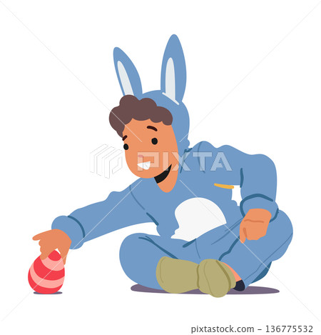 Little Boy Wear Rabbit Costume Picking Brightly Colored Easter Egg From The Floor. Concept Of Joyous Spirit Of Season Little Boy Wear Rabbit Costume Picking Brightly Colored Easter Egg From The Floor. Concept Of Joyous Spirit Of Season 136775532