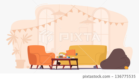 Decorated Room With Easter-themed Decor, Including A Garland, Colorful Eggs, And Freshly Baked Cakes On Table Decorated Room With Easter-themed Decor, Including A Garland, Colorful Eggs, And Freshly Baked Cakes On Table 136775535