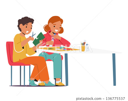 Kids Characters Cut Papers To Create Colorful Art Crafts, Expressing Creativity And Imagination, Vector Illustration 136775537