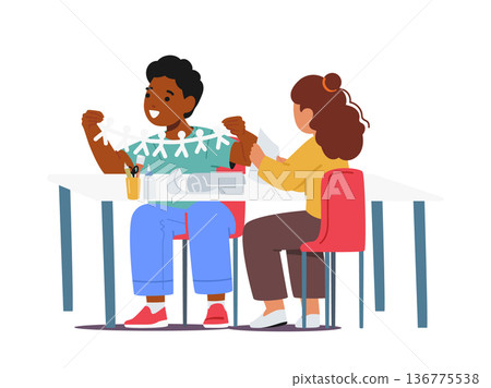 Kids Characters Cut Paper Humans In Art Crafts, Create Colorful Shapes And Designs. They Use Scissors, Glue Kids Characters Cut Paper Humans In Art Crafts, Create Colorful Shapes And Designs. They Use Scissors, Glue 136775538