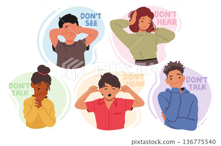 Young Characters Boy and Girls Closing Eyes, Ears and Mouth Like Three Wise Monkeys from the Saying 136775540