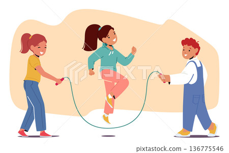 Kids Love Jumping Rope, Children Characters Engage in Fun Playful Activity That Improves Coordination, And Endurance Kids Love Jumping Rope, Children Characters Engage in Fun Playful Activity That Improves Coordination, And Endurance 136775546