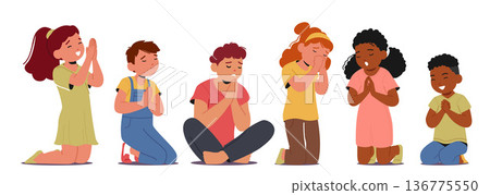 Children Boys And Girls Characters In Peaceful Prayer, Eyes Closed, Hands Folded. Innocent Expressions Convey Faith Children Boys And Girls Characters In Peaceful Prayer, Eyes Closed, Hands Folded. Innocent Expressions Convey Faith 136775550