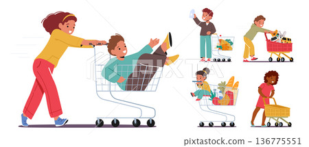 Excited Kids With Supermarket Trolley. Characters Giggling, Picking Snacks And Pretending To Shop. Fun-filled Experience 136775551
