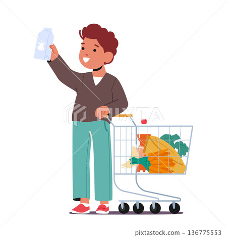 Young Boy Standing with Supermarket Trolley, Navigating The Aisles With Excitement And Curiosity, Vector Illustration Young Boy Standing with Supermarket Trolley, Navigating The Aisles With Excitement And Curiosity, Vector Illustration 136775553