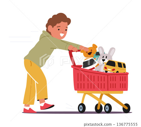 Joyful Boy Characters Pushing Supermarket Trolley Brimming With An Array Of Toys, His Eyes Gleaming With Excitement 136775555