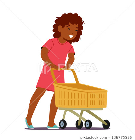 Girl Pushing A Supermarket Trolley , Little Black Child Character Browsing Aisles, Carefully Selecting Items, Vector 136775556