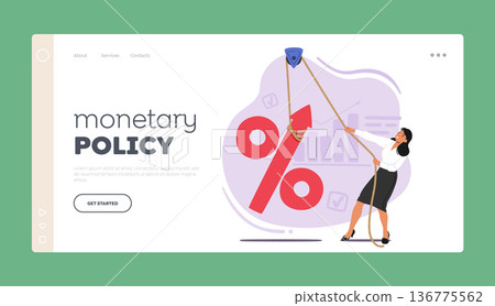 Monetary Policy Landing Page Template. Business Woman Character Rising Up Huge Percent Sign on Rope, Vector Illustration Monetary Policy Landing Page Template. Business Woman Character Rising Up Huge Percent Sign on Rope, Vector Illustration 136775562