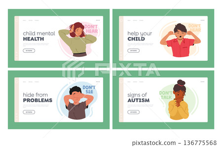 Help to Little Ones Landing Page Template Set. Kids Characters Cover Eyes, Ears, And Mouth, Cartoon Vector Illustration 136775568