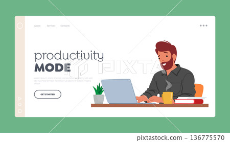 Productivity Mode Landing Page Template. Man Typing On Laptop, Displaying Satisfied Expression, Vector Illustration Productivity Mode Landing Page Template. Man Typing On Laptop, Displaying Satisfied Expression, Vector Illustration 136775570