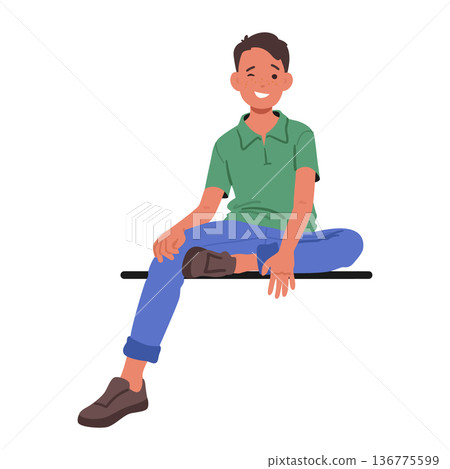 Smile Brightens The Face Of A Teenage Boy As He Sits On A Bench Or Parapet. Relaxed Posture And Joyful Expression 136775599