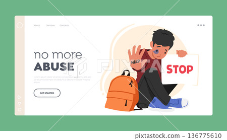 No more Abuse Landing Page Template. Young Boy Character with Signs of Beatings on Face Hold Banner With Word Stop No more Abuse Landing Page Template. Young Boy Character with Signs of Beatings on Face Hold Banner With Word Stop 136775610