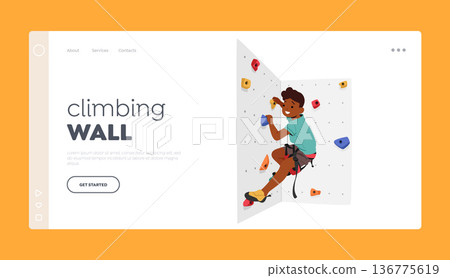 Climbing Wall Landing Page Template. Child Conquering A Climbing Wall With Determination And Skill Vector Illustration 136775619