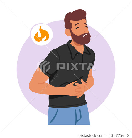 Sick Character Experiencing Intense Stomach Discomfort And Burning Sensations, Symptom Of Gastritis, Vector Illustration 136775630
