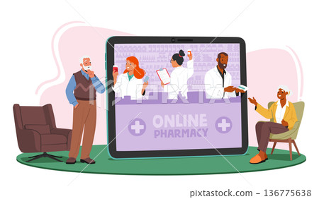 Senior Characters Conveniently Order Prescriptions And Medications From An Online Store, Ensuring Easy Access Senior Characters Conveniently Order Prescriptions And Medications From An Online Store, Ensuring Easy Access 136775638