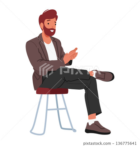 Man Applauding Sitting on Chair Isolated on White Background. Happy Male Character Cheering, Support Friend Man Applauding Sitting on Chair Isolated on White Background. Happy Male Character Cheering, Support Friend 136775641