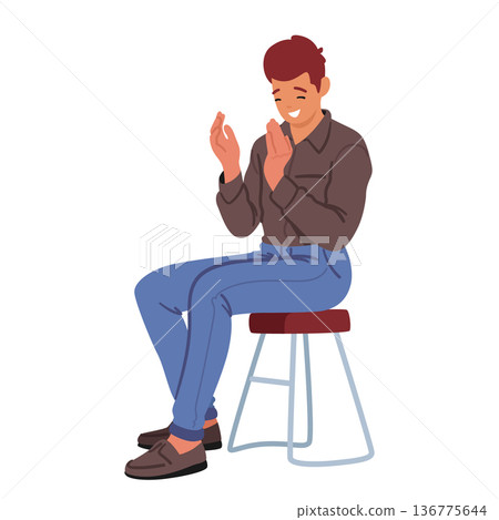 Man Clap Hands Sitting on Hands Isolated on White Background. Young Male Character Applaud, Cheering, Support Man Clap Hands Sitting on Hands Isolated on White Background. Young Male Character Applaud, Cheering, Support 136775644