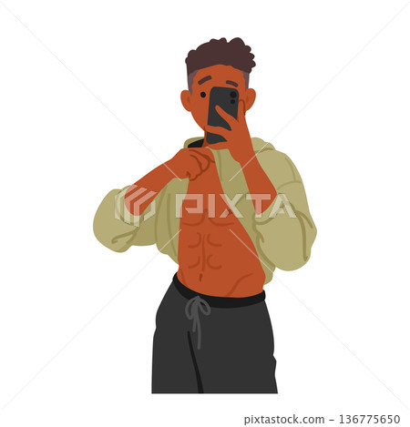 Gym Selfie Concept. Man Capturing A Self-portrait While Working Out, Fit Male Character Showcasing His Belly Press Gym Selfie Concept. Man Capturing A Self-portrait While Working Out, Fit Male Character Showcasing His Belly Press 136775650