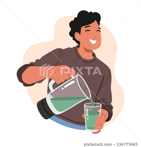 Vegan Man Carefully Pours Vibrant, Plant-based Smoothie Into A Glass, Creating A Green Cascade Of Nutritious Goodness Vegan Man Carefully Pours Vibrant, Plant-based Smoothie Into A Glass, Creating A Green Cascade Of Nutritious Goodness 136775665
