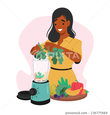 Vegan Woman Expertly Blends Nutritious Plant-based Ingredients In Her Blender, Creating A Vibrant, Wholesome Smoothie Vegan Woman Expertly Blends Nutritious Plant-based Ingredients In Her Blender, Creating A Vibrant, Wholesome Smoothie 136775669