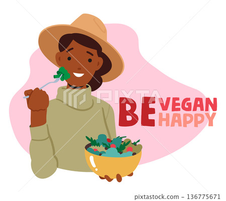 Health-conscious Vegan Woman Enjoys A Salad, Savoring Medley Of Fresh Greens, Colorful Veggies, Vector Illustration Health-conscious Vegan Woman Enjoys A Salad, Savoring Medley Of Fresh Greens, Colorful Veggies, Vector Illustration 136775671