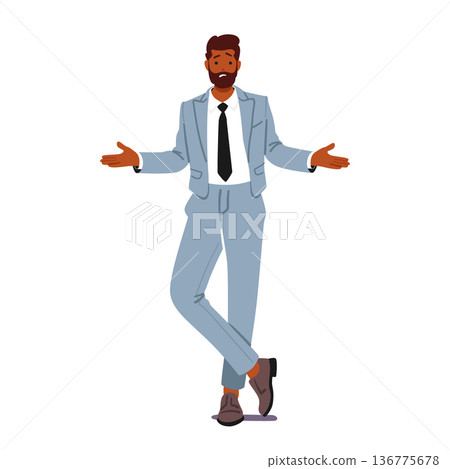 Befuddled Black Businessman Character, Shoulders Raised In Perplexity, Embodies The Complexities Of Business Decisions 136775678