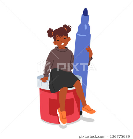Small Girl, Clutching An Oversized Felt-tip Pen, Perches Atop A Giant Paint Tube, Cartoon People Vector Illustration 136775689