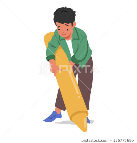 Young Boy Enthusiastically Create Art With An Oversized Crayon, His Imagination Running Wild As Vibrant Colors 136775690