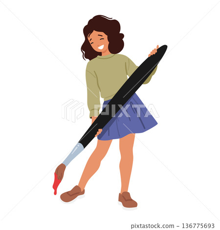 Girl Wields A Huge Paintbrush, Her Imagination Unbounded. Vivid Strokes On An Endless Canvas Bring Her Dreams To Life Girl Wields A Huge Paintbrush, Her Imagination Unbounded. Vivid Strokes On An Endless Canvas Bring Her Dreams To Life 136775693