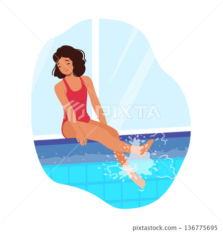 Young Smiling Girl Sitting On The Edge Of A Sparkling Pool, Ready To Dive In. Child Character Splashing 136775695