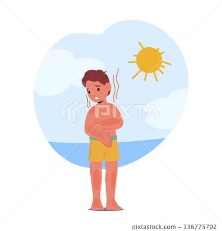 Unhappy Child With Painful Skin Sunburn, Little Boy Character Displaying Redness, Peeling, And Discomfort, Illustration 136775702
