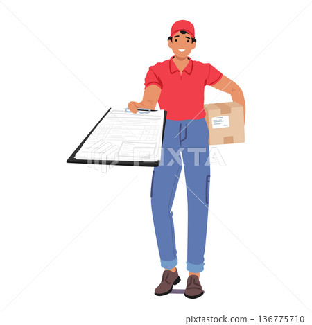 Courier Character With Parcel Presents Paper For Signature. Quick Exchange, Ensuring Secure Delivery And Confirmation Courier Character With Parcel Presents Paper For Signature. Quick Exchange, Ensuring Secure Delivery And Confirmation 136775710
