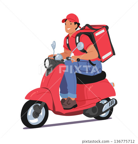 Efficient Courier Character On A Nimble Scooter, Swiftly Navigating Through Traffic To Deliver Packages Promptly Efficient Courier Character On A Nimble Scooter, Swiftly Navigating Through Traffic To Deliver Packages Promptly 136775712