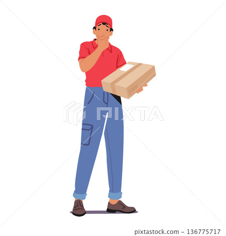 Perplexed Courier Male Character Holds A Package, Scanning The Address With A Puzzled Expression Vector Illustration Perplexed Courier Male Character Holds A Package, Scanning The Address With A Puzzled Expression Vector Illustration 136775717