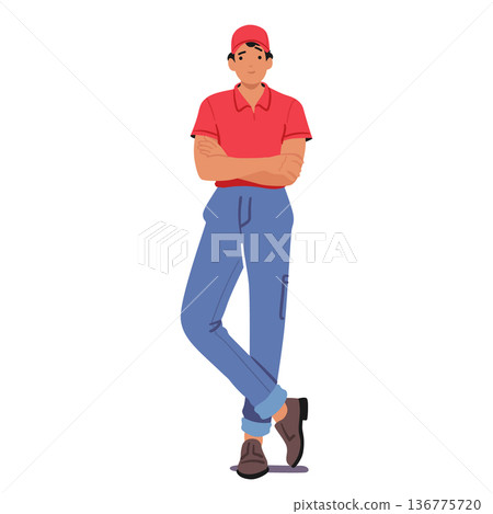 Confident Courier Male Character Stands With Crossed Arms, Exuding Professionalism And Reliability, Vector Illustration Confident Courier Male Character Stands With Crossed Arms, Exuding Professionalism And Reliability, Vector Illustration 136775720