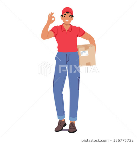 Courier Male Character Confidently Displays An Ok Gesture While Holding A Parcel, Ensuring A Secure Delivery 136775722