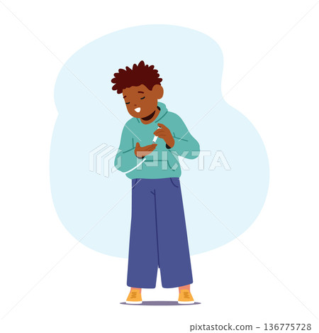 Child With Diabetes Manages Sugar Levels Using Pen For Insulin Administration. Little African American Boy 136775728