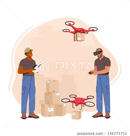 Warehouse Workers Use Modern Delivery System That Employs Unmanned Aerial Vehicles To Transport Package To Customer Warehouse Workers Use Modern Delivery System That Employs Unmanned Aerial Vehicles To Transport Package To Customer 136775731