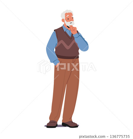 Thoughtful Elderly Gentleman Thinking, Old Male Character Deep In Contemplation, With A Hint Of Nostalgia And Experience 136775735