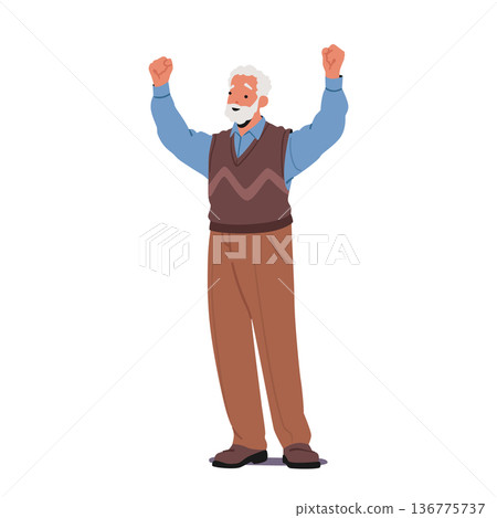 Happy Old Male Character Waving Hands. Elderly Gentleman Overflows With Joy, Radiating A Contagious Happiness 136775737