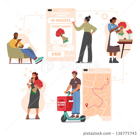Set Characters Order Flowers In Internet. Woman use Online App For Buying Bouquet In Flower Company. Courier On Scooter Set Characters Order Flowers In Internet. Woman use Online App For Buying Bouquet In Flower Company. Courier On Scooter 136775743