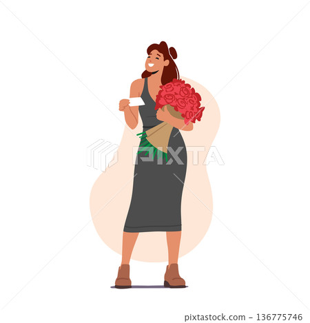 Surprised Girl Get Bouquet With Card From Courier For Valentine Day Or Birthday. Love, Human Relation, Dating Surprised Girl Get Bouquet With Card From Courier For Valentine Day Or Birthday. Love, Human Relation, Dating 136775746