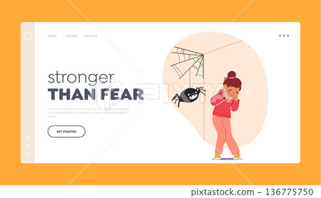 Intense Fear Of Spiders Landing Page Template. Child Character Experiences Arachnophobia, Vector Illustration 136775750