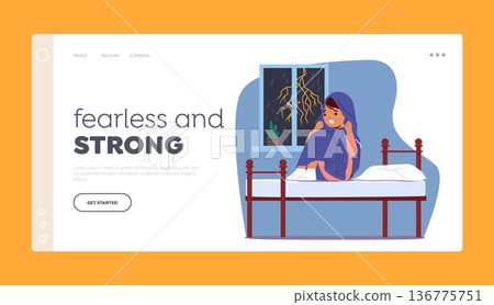 Fear of Bad Weather Landing Page Template. Child Character Sits In Bedroom under Blanket, Fearful During A Storm 136775751