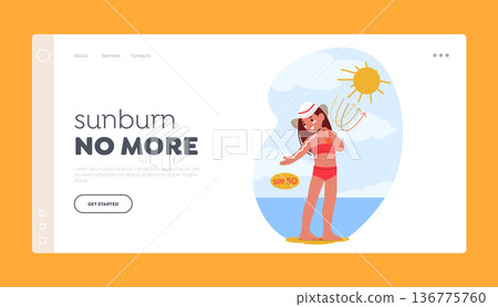 Sunburn No More Landing Page Template. Smiling Child Girl Character Protected From Sunburn By Applying Skin Cream Sunburn No More Landing Page Template. Smiling Child Girl Character Protected From Sunburn By Applying Skin Cream 136775760